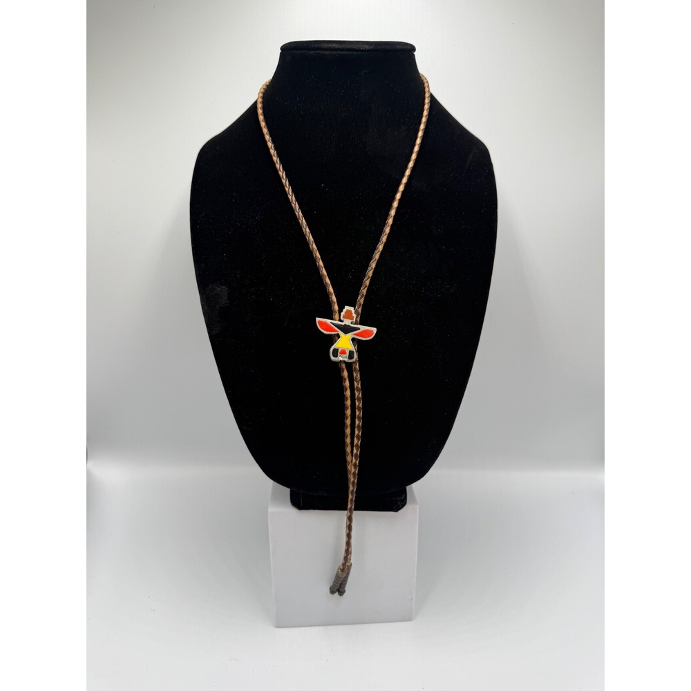 Vintage Thunderbird Bolo Tie Western Southwestern‎ Enamel Inlay Braided Cord